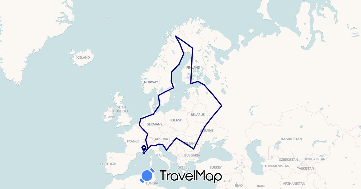 TravelMap itinerary: driving in Belgium, Switzerland, Germany, Denmark, Finland, France, Croatia, Hungary, Italy, Luxembourg, Netherlands, Romania, Russia, Sweden, Ukraine (Europe)